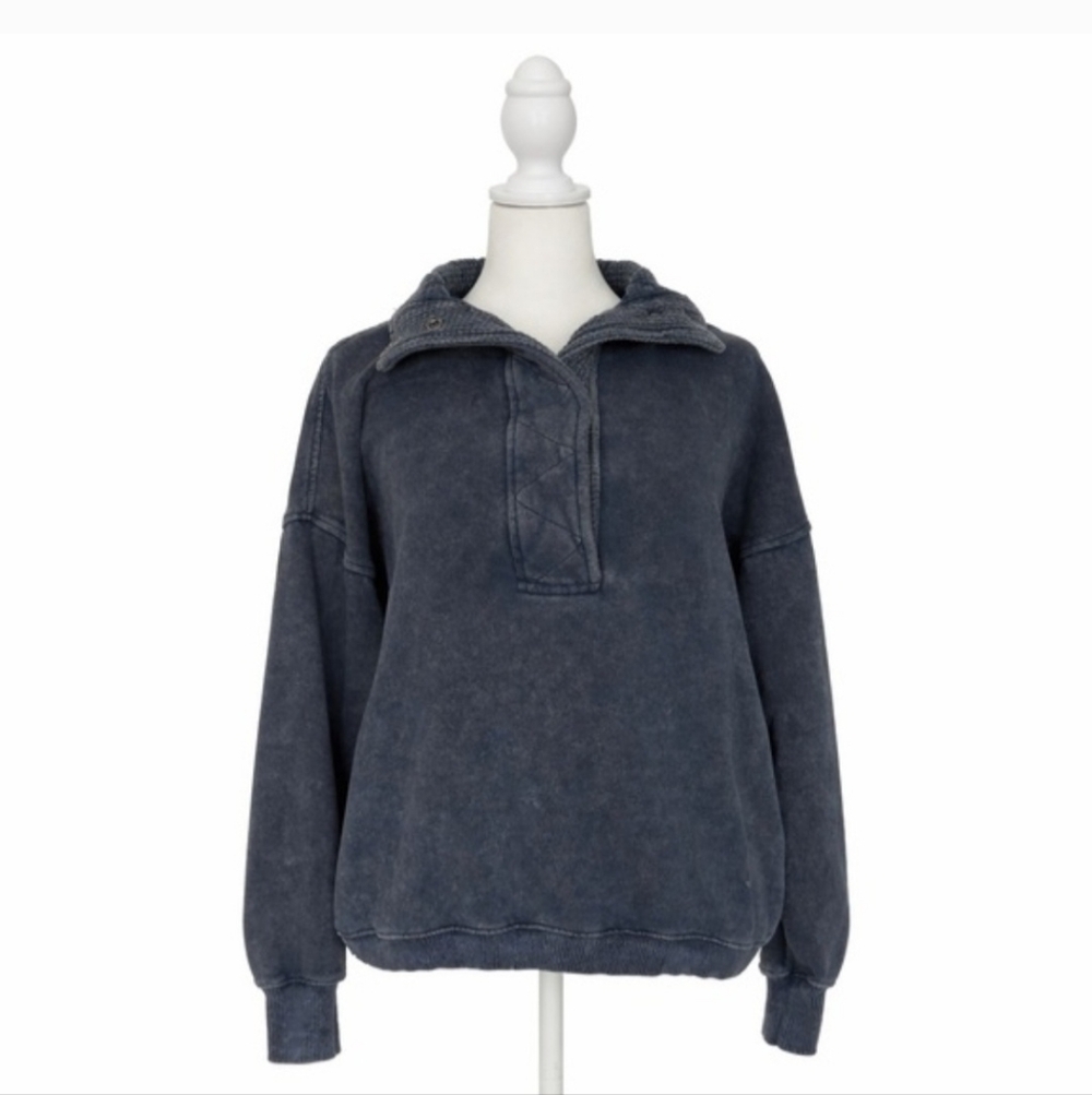 Aerie Getaway Quarter Snap Oversized Pullover Sweatshirt Blue Mineral Wash XS